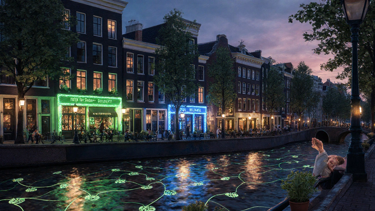 Amsterdamse kanalen met lichtende cocktaillounges die sociale doelen verbinden.