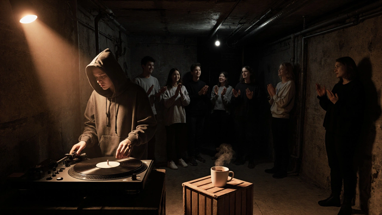 Binnen in De Baker: een DJ en een kring mensen die in stilte de muziek voelen.