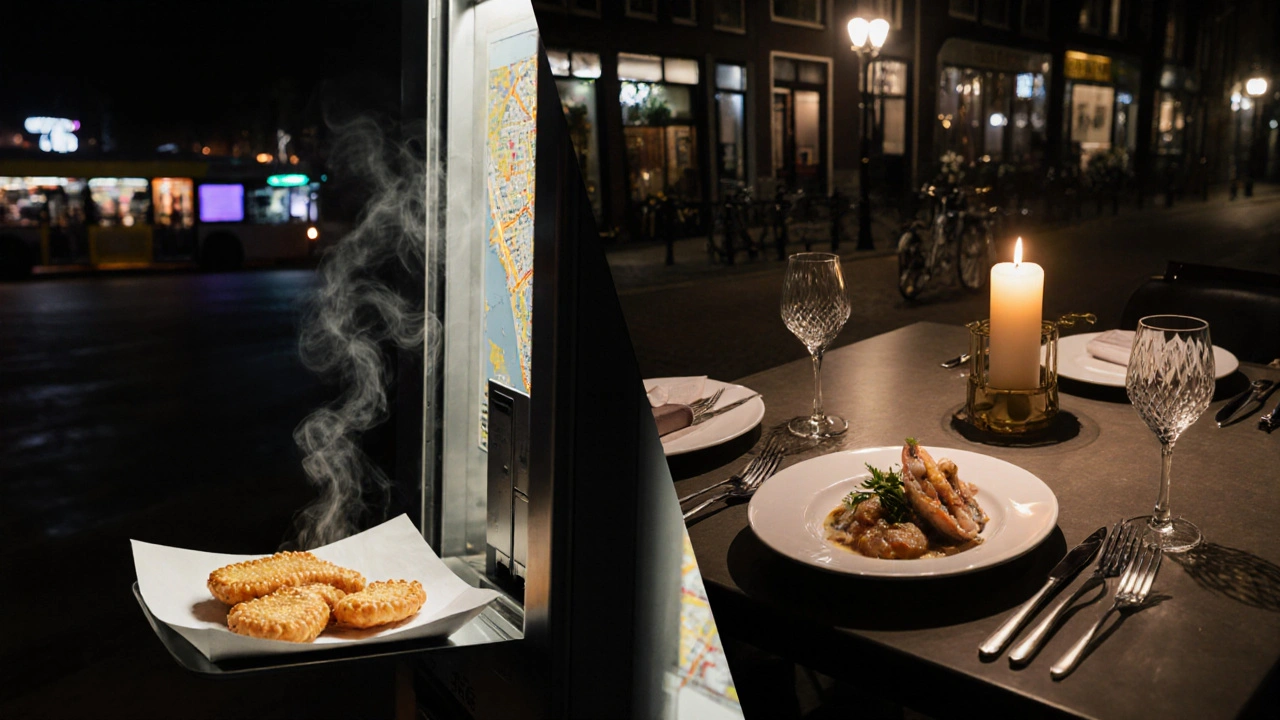 Contrast tussen een simpele kroket en een luxe diner, met nachtbus en fiets op de achtergrond.