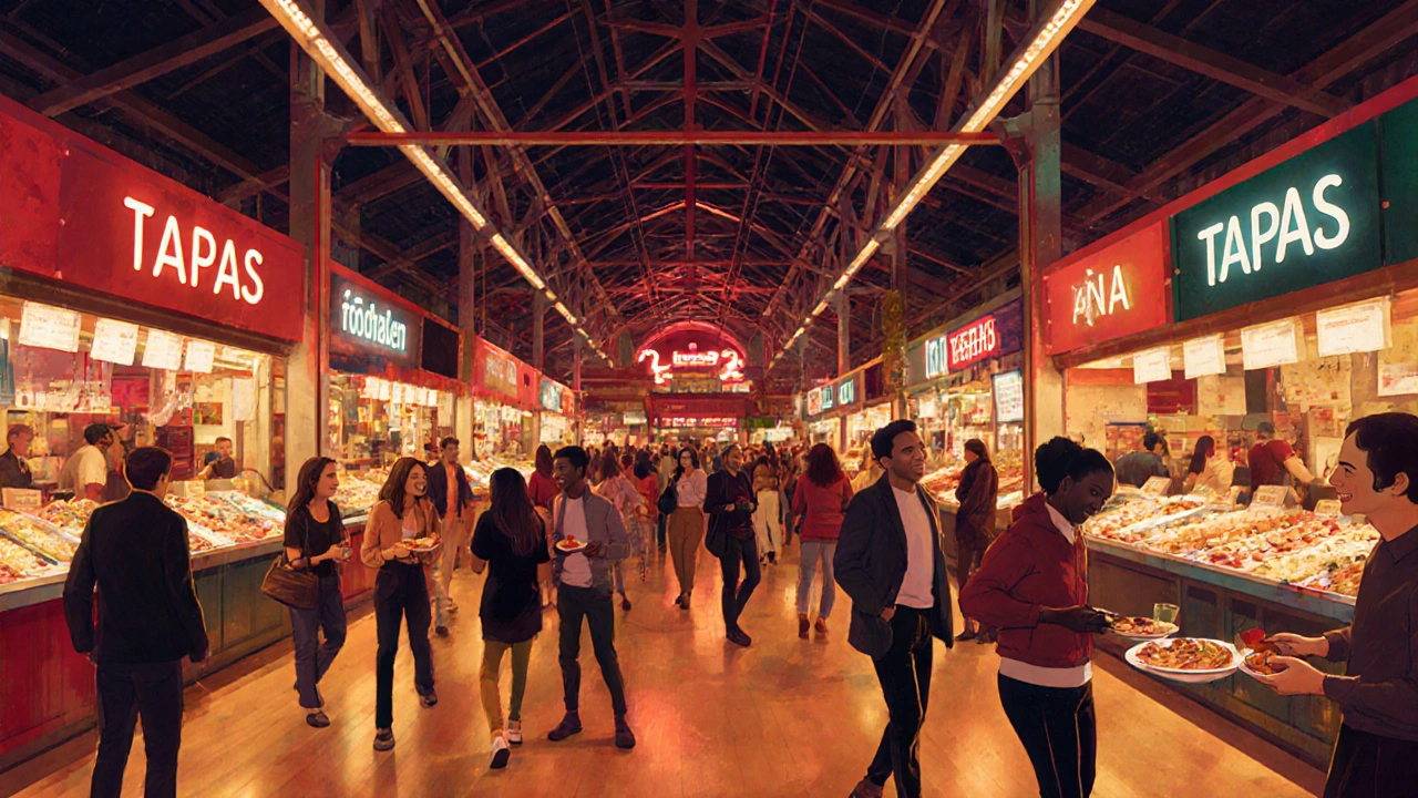 Drukke Foodhallen met kleurrijke eetkraampjes en feestelijke sfeer.