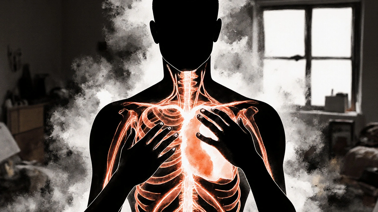 Een energiemeridiaan in het lichaam met warme lichtstromen die angstige druk oplossen.