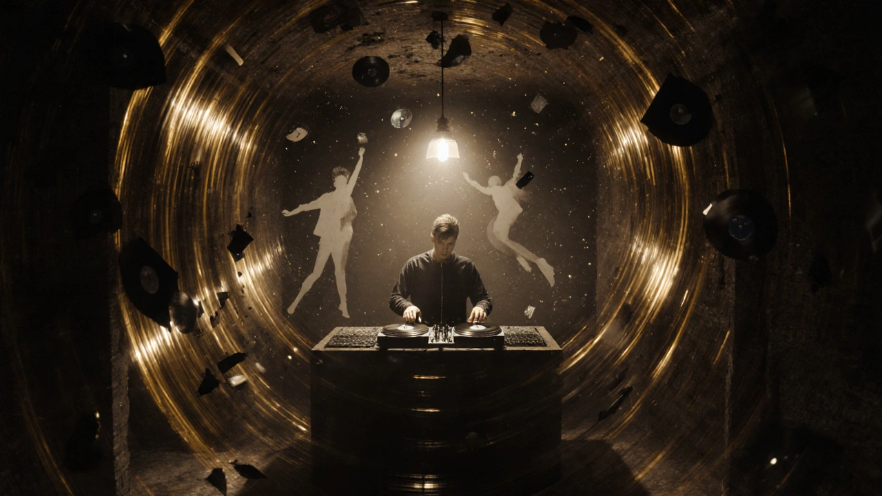 Een geheime dansvloer onder een kerk waar bassen zichtbaar zijn als gouden golven in de lucht.