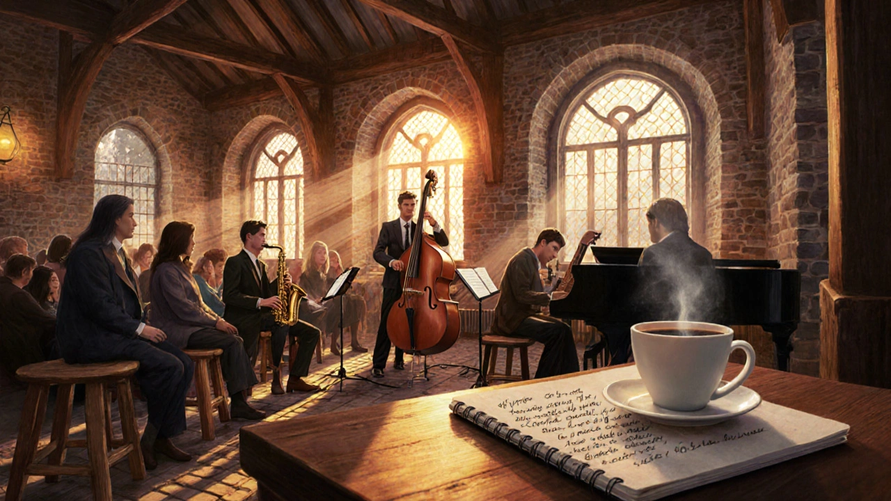 Een jazzband speelt live in een middeleeuws gebouw met warm licht en een stil publiek.
