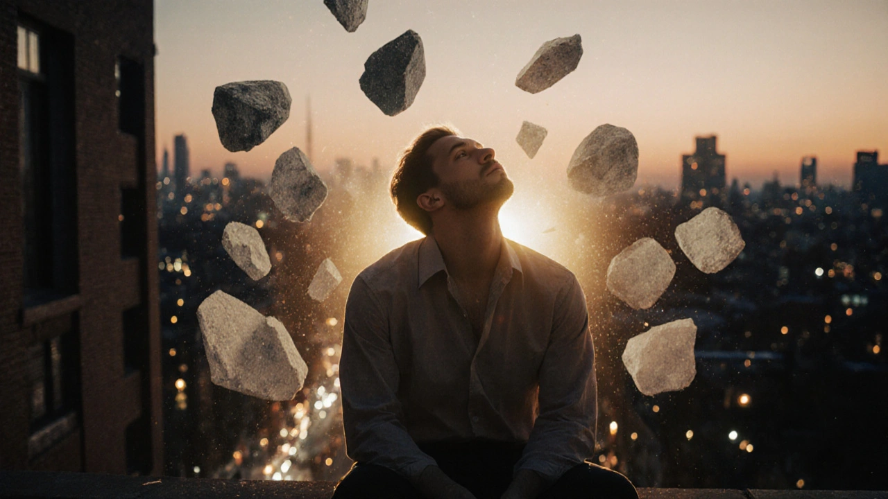 Een man op een vuurtorenplatform, met een gouden gloed uit zijn borst en zware stenen die onder hem vallen.