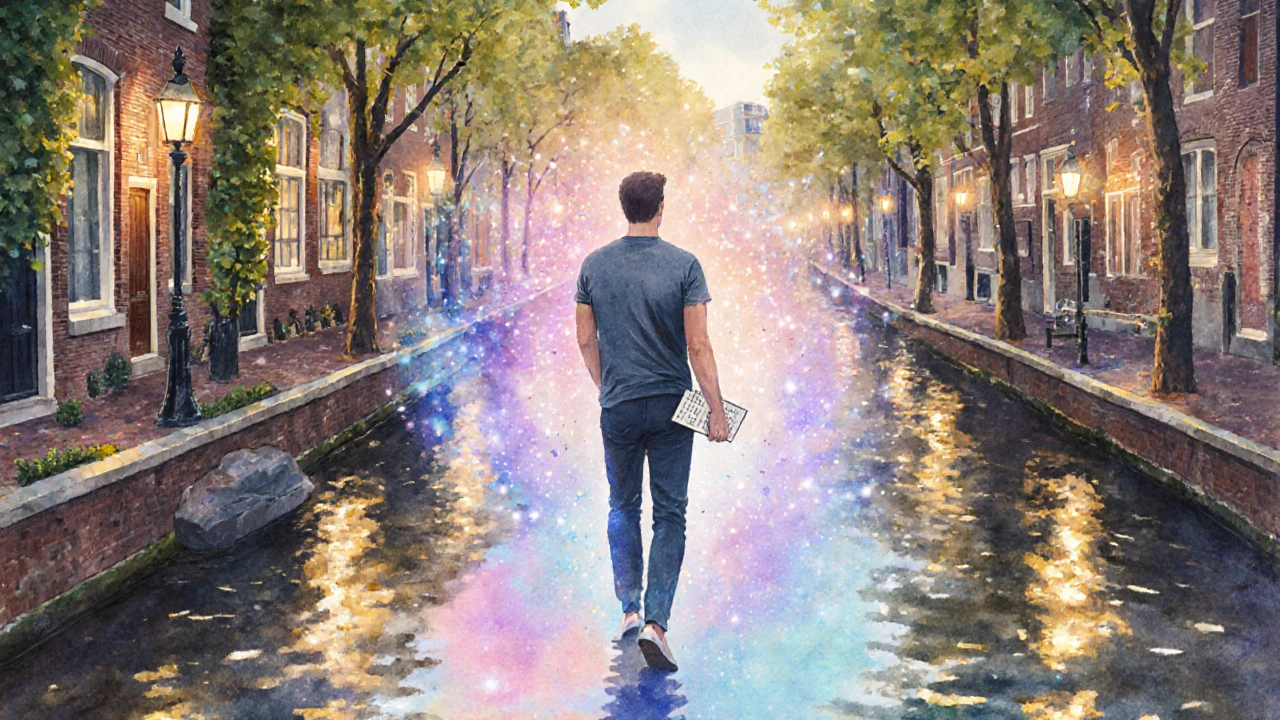 Een man wandelt door de Jordaan, stralend van energie en manifestatie na een tantra‑sessie.