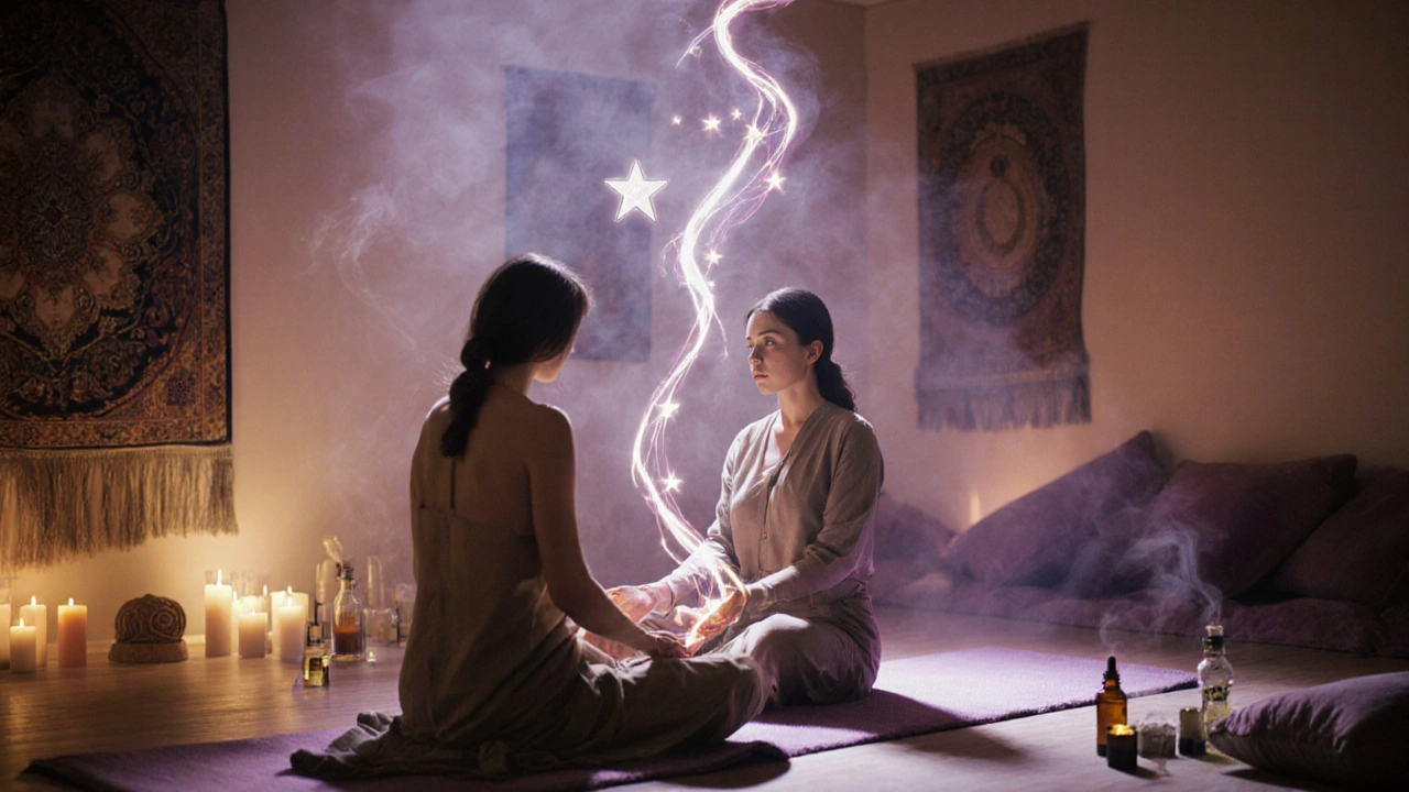 Een tantra‑sessie in een zachte studio, met kaarslicht, aromatische oliën en begeleide meditatie.