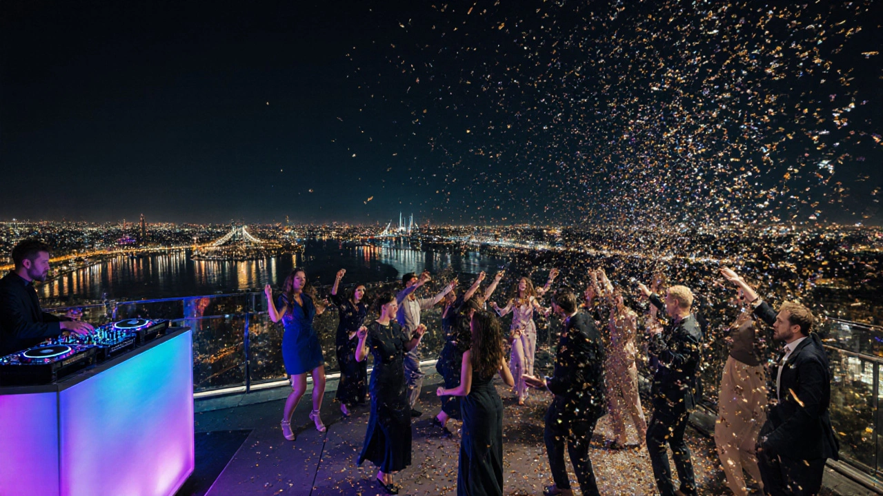 Feestelijke dansgroep met confetti onder de verlichte skyline van Amsterdam.