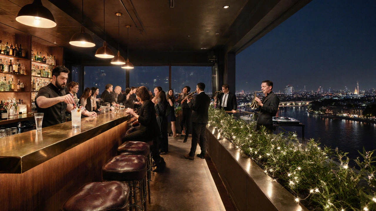 Gasten genieten van gin‑tonic en live muziek op SkyLounge met stadstuin.