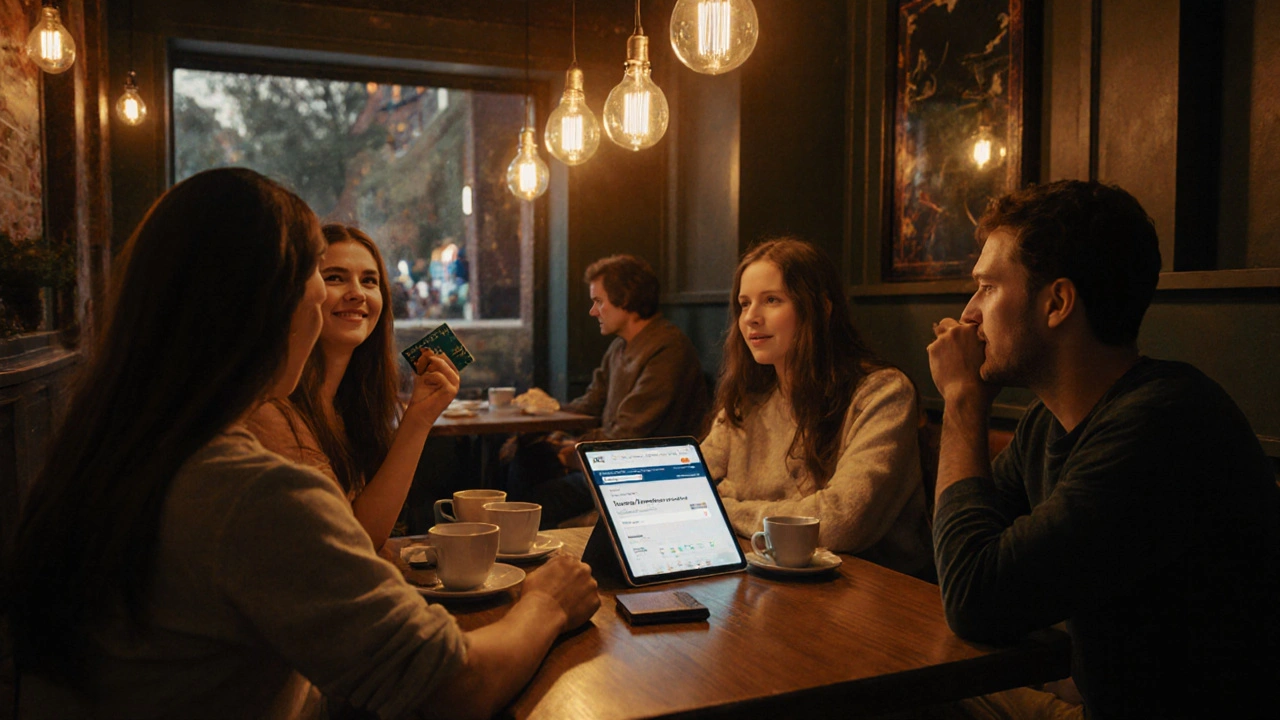 Gezellige cafésetting waar vrienden betaalbare concerttickets zoeken.