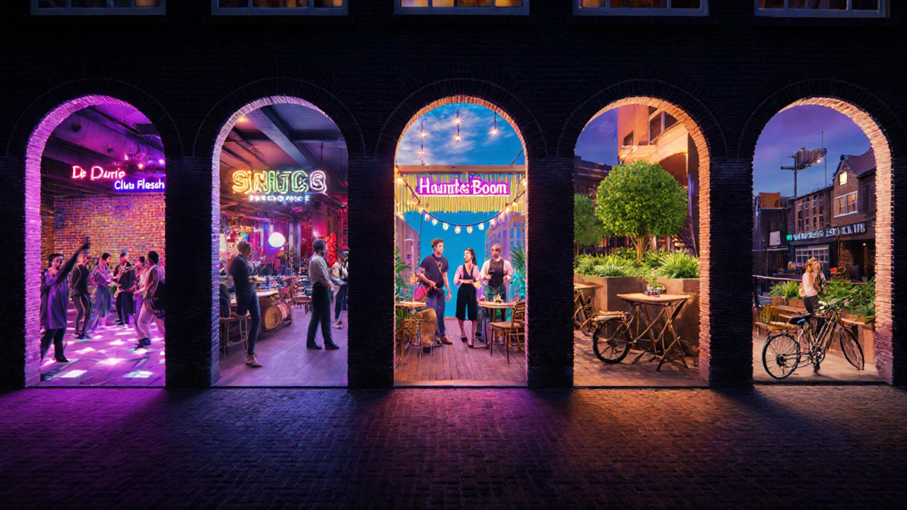 Illustratie van vijf Amsterdamse nachtbars met hun unieke sfeer en interieur.