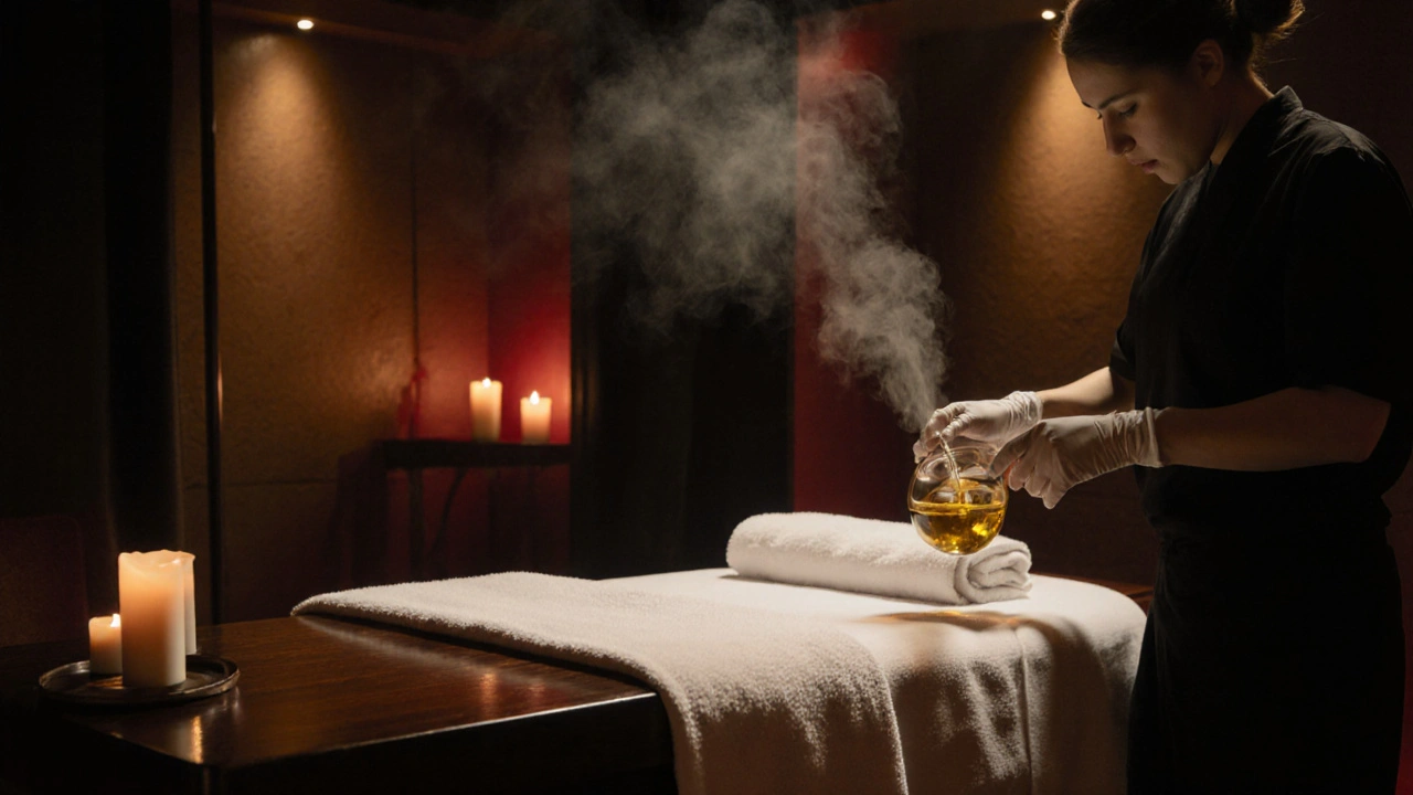 Intieme massagesessie met warme olie en zacht verlichte ruimte.