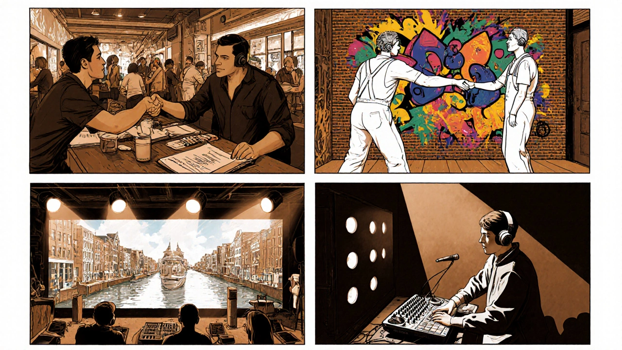 Lokale artiesten schilderen graffiti en zetten VJ‑projecties op voor een clubavond.