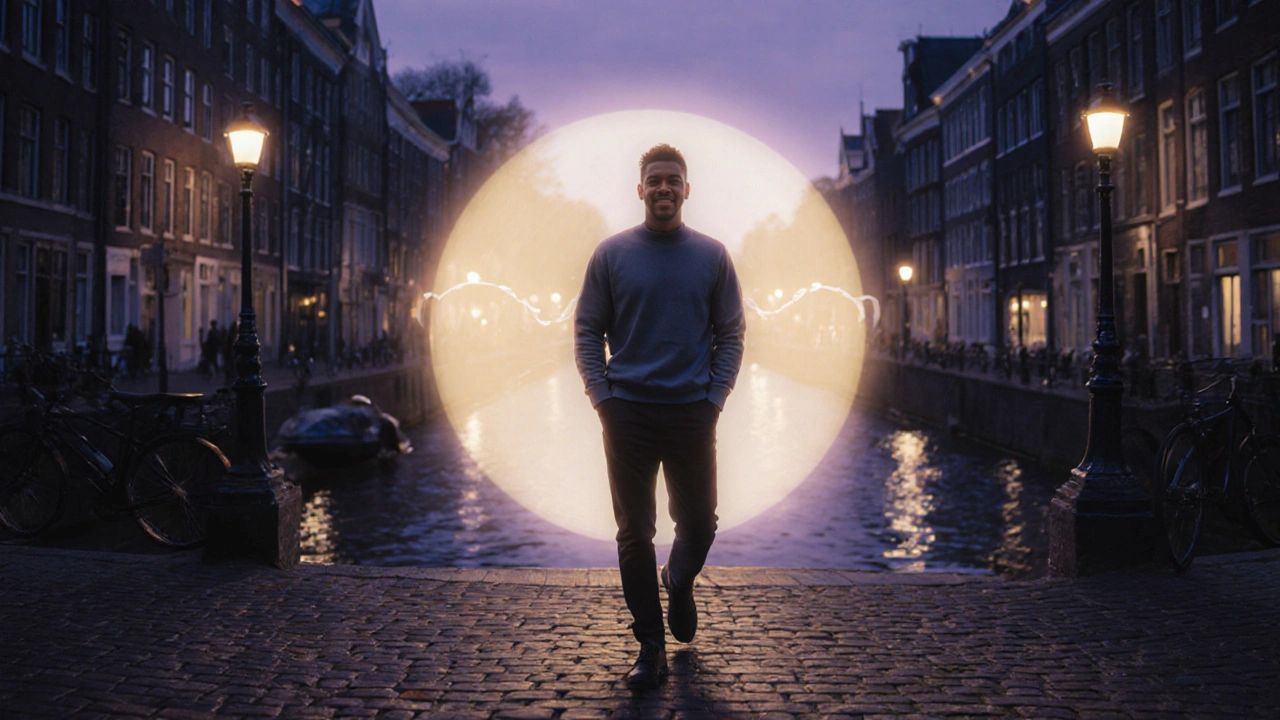 Man verlaat studio, voelbare after‑glow, stad in zachte avondverlichting.