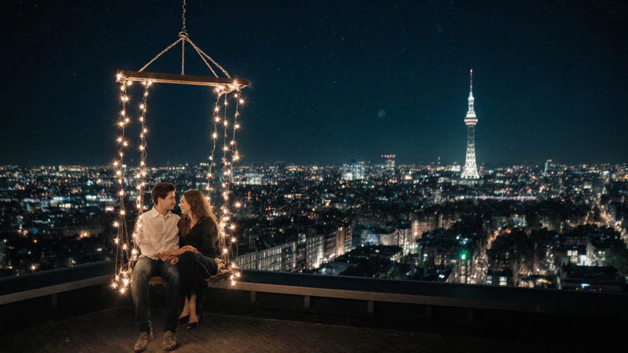 Moon rooftop: koppel zit op een hangende swing met uitzicht op de verlichte Amsterdamse skyline.