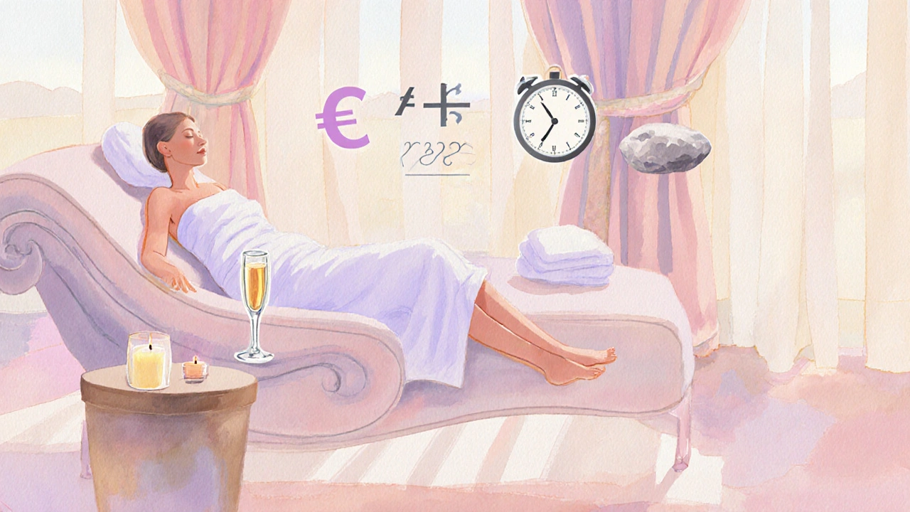 Relaxte persoon in luxueuze spa met champagne en aromatherapie.