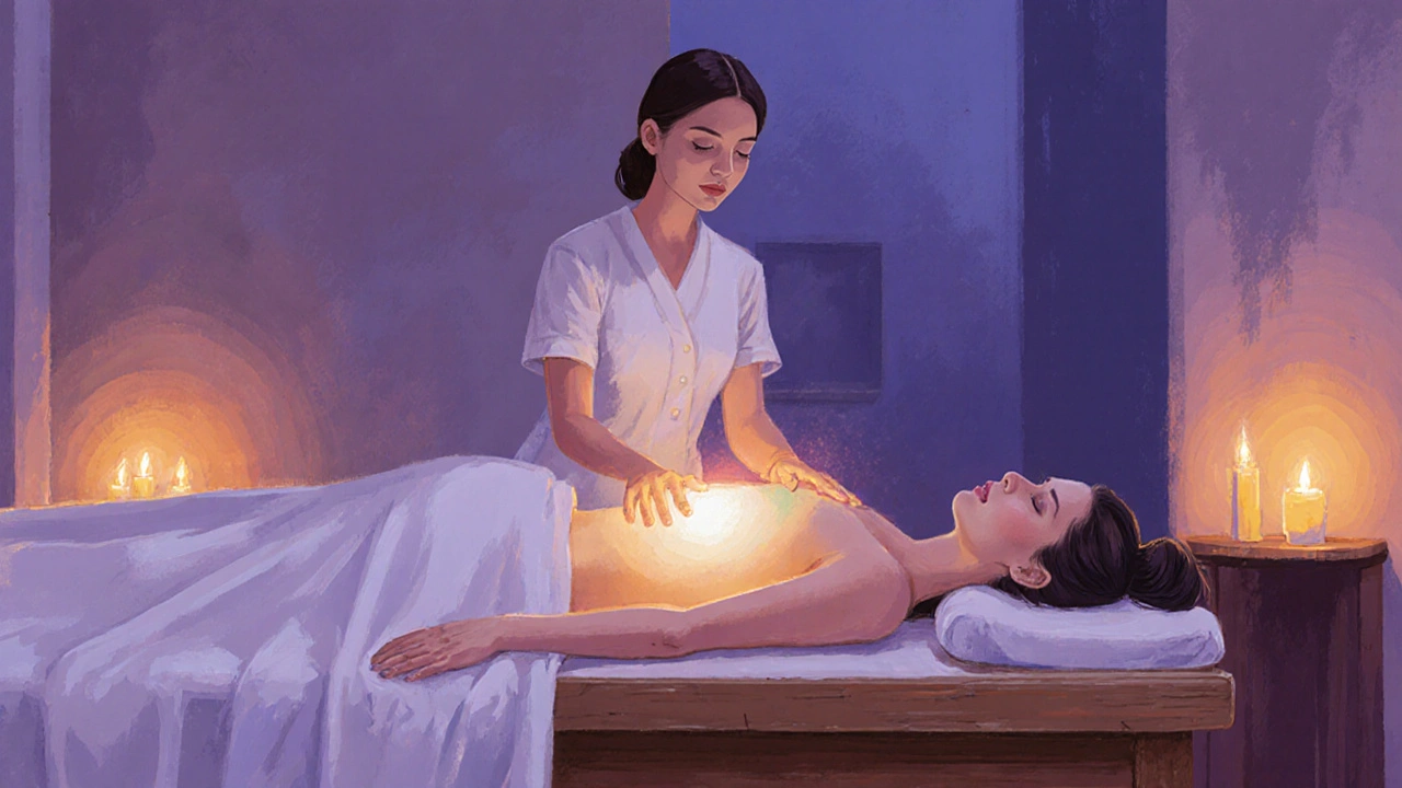 Rustige massageruimte met therapeut die energetische aura rond onderbuik laat zien.