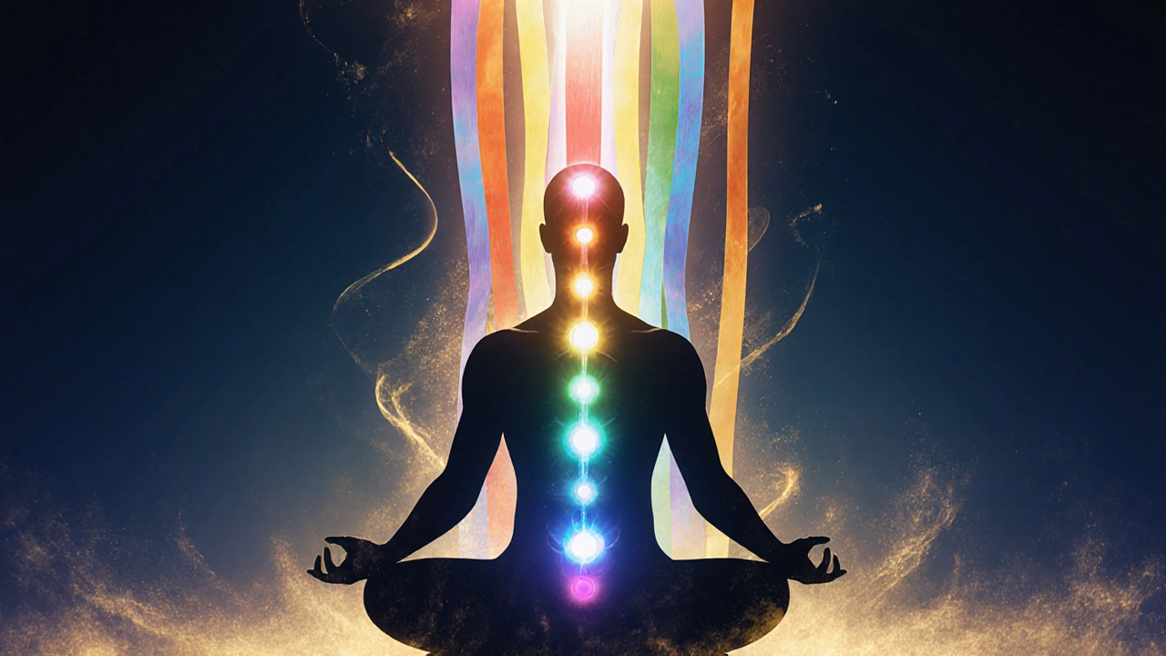 Silhouet mediteert, kleurrijke chakra-energie stroomt langs de wervelkolom.