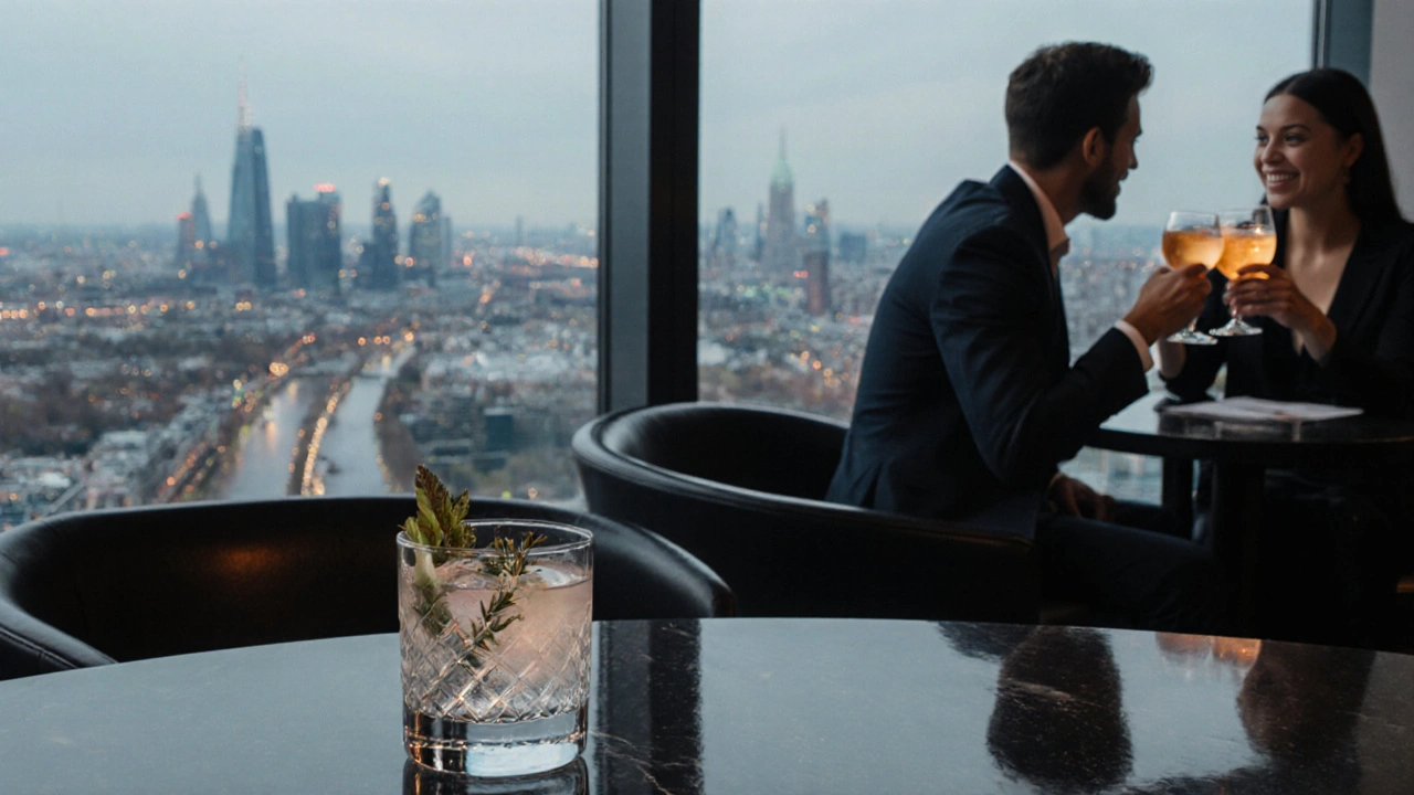 SkyLounge: koppel proost met gin‑cocktail terwijl de skyline van binnenstad en Zuidas zichtbaar is.