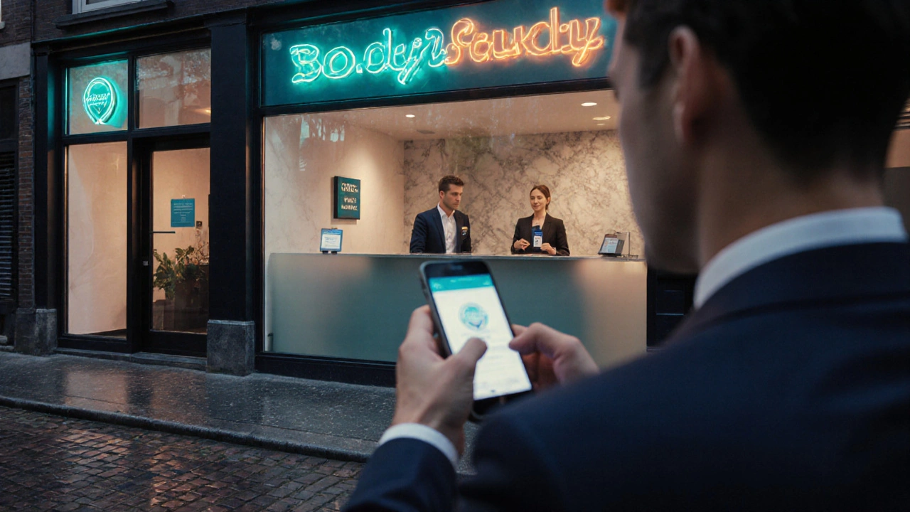 Stijlvol Amsterdamse studio, receptie controleert ID bij boeking.