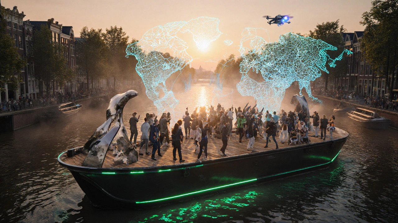 Toekomstige clubervaring met AR‑visuals en duurzaam decor op een grachtenboot.