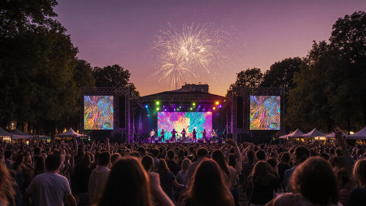 Zomerkonzert in Vondelpark met een divers publiek dat onder de zon danst.