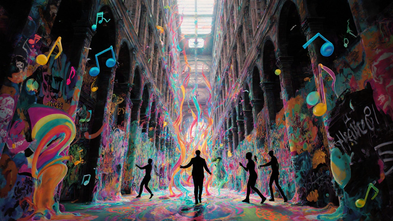 Abstract fusion of global music styles flowing through Melkweg’s historic interior, symbolizing cultural and sonic diversity.