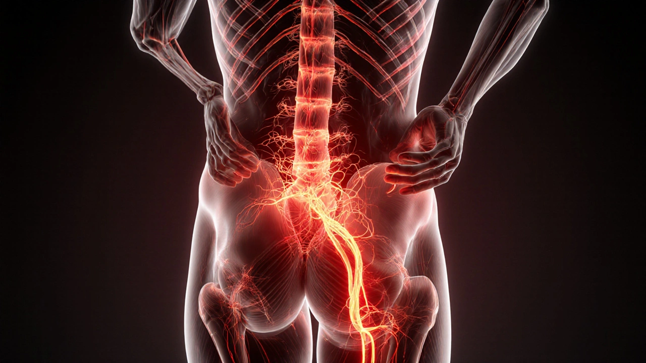 Anatomische weergave van de ischiadicuszenuw die wordt vrijgemaakt uit verstarde spieren.