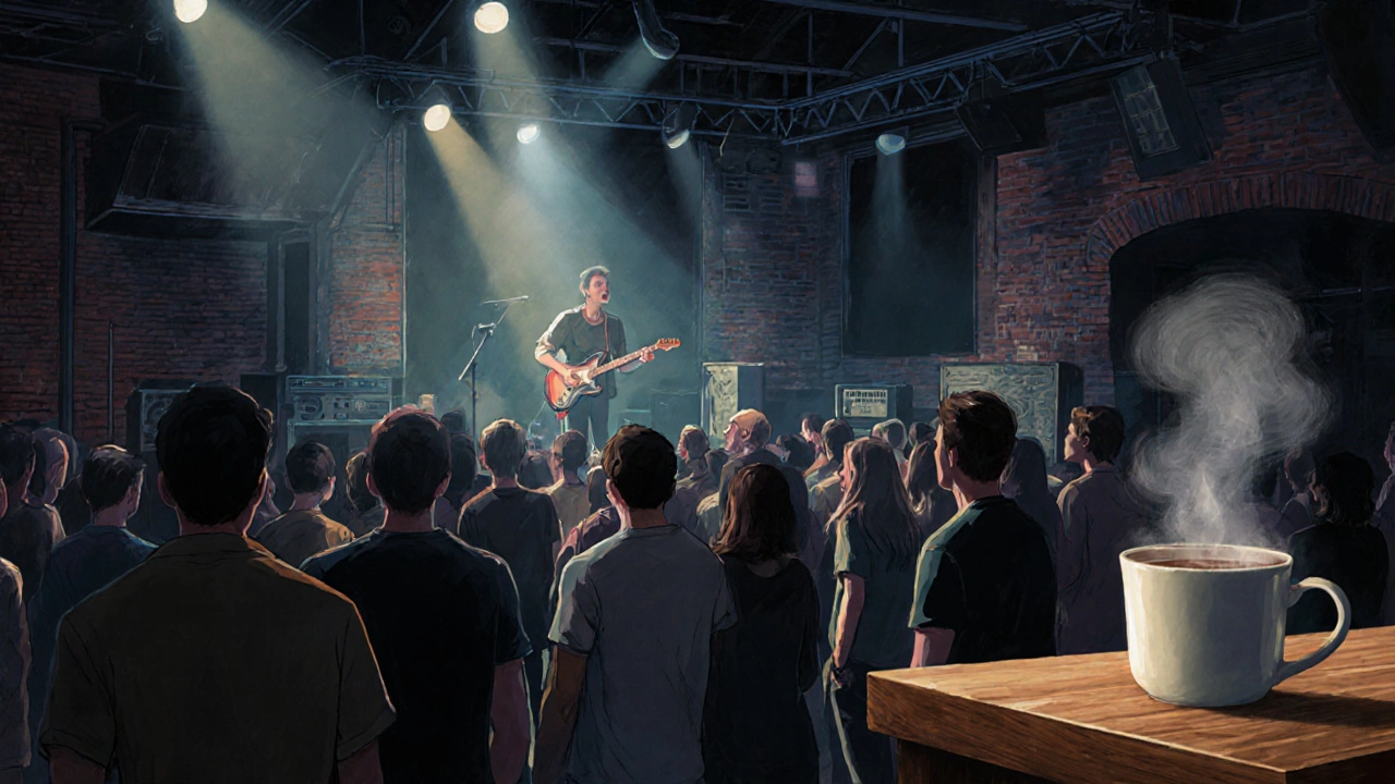 Binnenin de Melkweg tijdens een live concert, met een publiek dat gefascineerd luistert naar een gitarist op het podium.