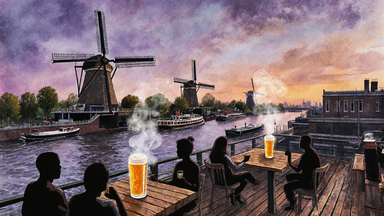 Brouwerij &#039;t IJ op een parkeergarage met windmolens en binnenvaartboten in de achtergrond.