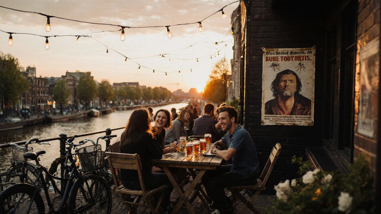 Casual dakterras met mensen die lachen over stroopwafelburgers onder stringlights bij zonsondergang.