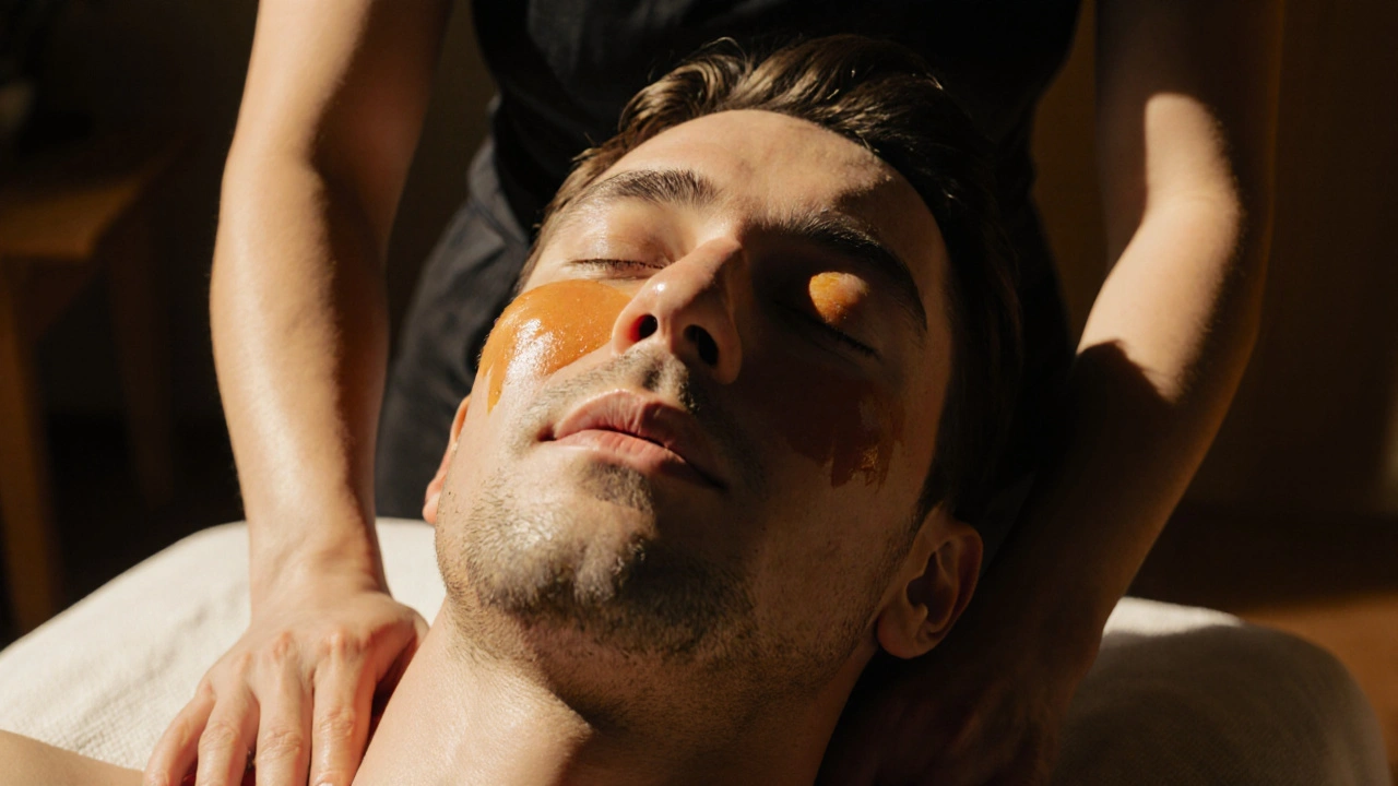 Close-up van een man met gesloten ogen en tranen op zijn wangen, ontspannen tijdens een diepe lichaamsmassage.