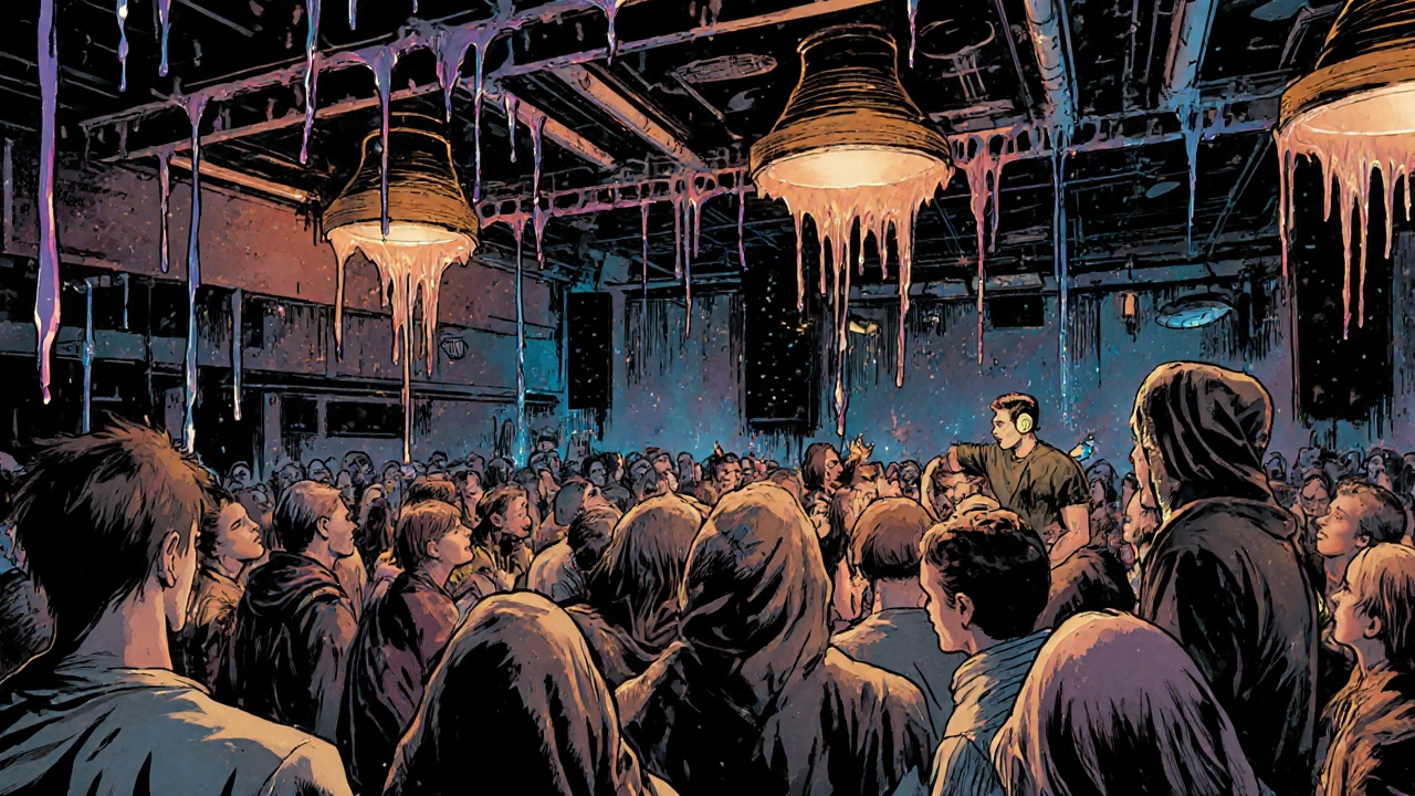 Comicbook-stijl van een Bass Night in Melkweg: een DJ mixt bass in een donkere, energieke danszaal met zichtbare geluidsgolven.