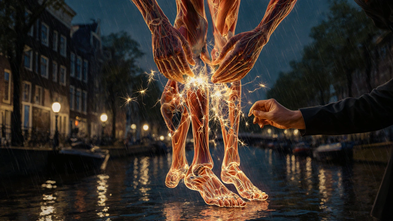 Conceptuele weergave van een menselijk lichaam dat als een machine wordt gerepareerd, met gloeiende spieren en een regenachtige Amsterdam-achtergrond.