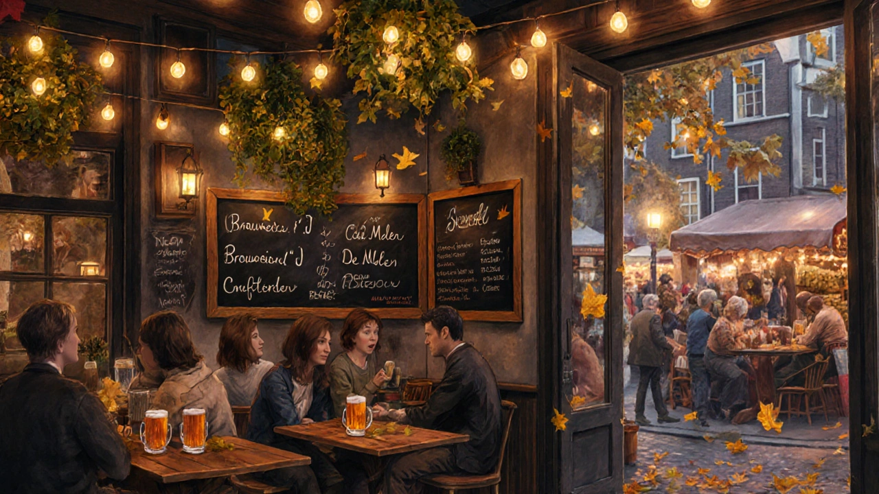 Cozy pub De Kas in De Pijp met planten, ambiant licht en herfstbladeren op het terras.