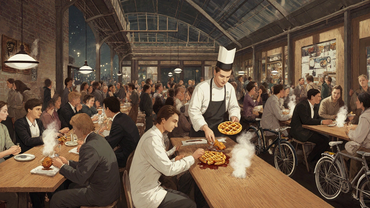 Divers publiek eet kip en wafels in De Foodhallen tegen de achtergrond van industriële verlichting en fietsen.