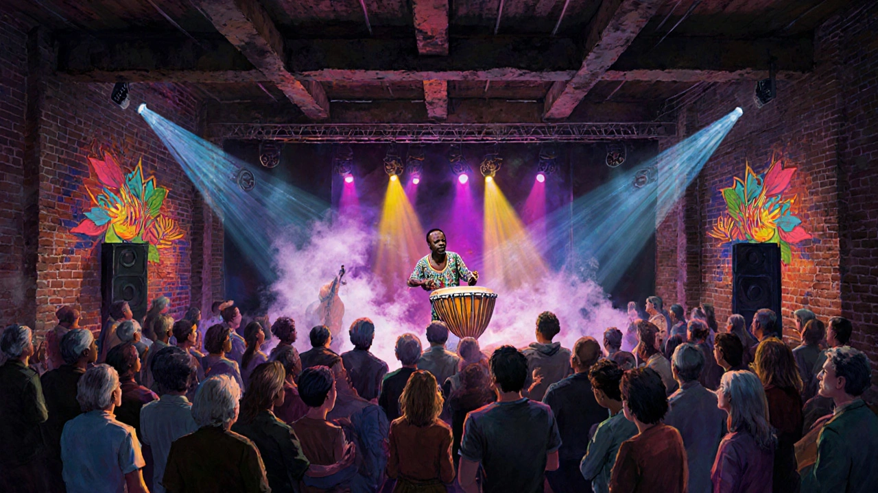 Diverse crowd enjoying a live concert inside Melkweg, with a Senegalese musician performing on stage under colorful lights.