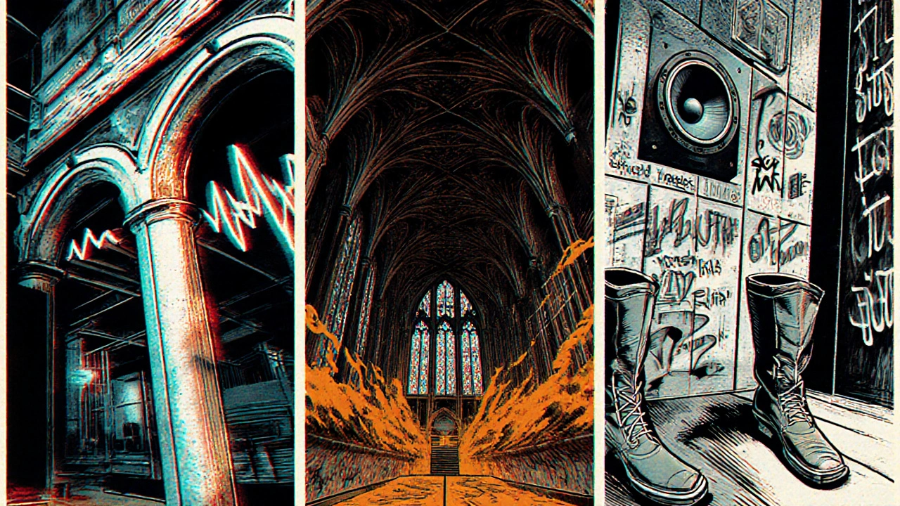 Drie iconische techno-locaties in Amsterdam: De School Reborn, Paradiso en De Pijp, weergegeven in een comicbookstijl.