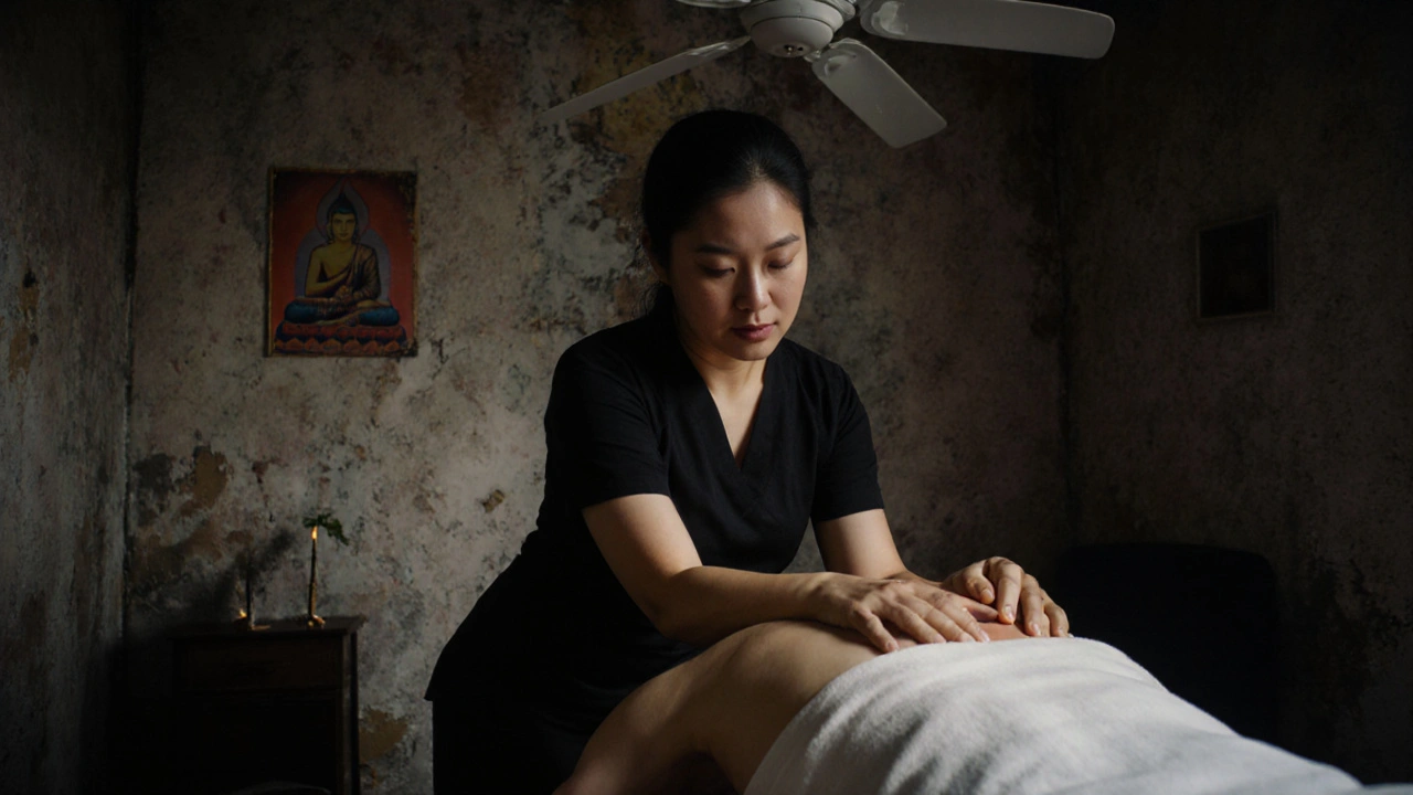 Echte Thai-massage in een verborgen kamer in Amsterdam, met een ventilator en zachte lichtinval.