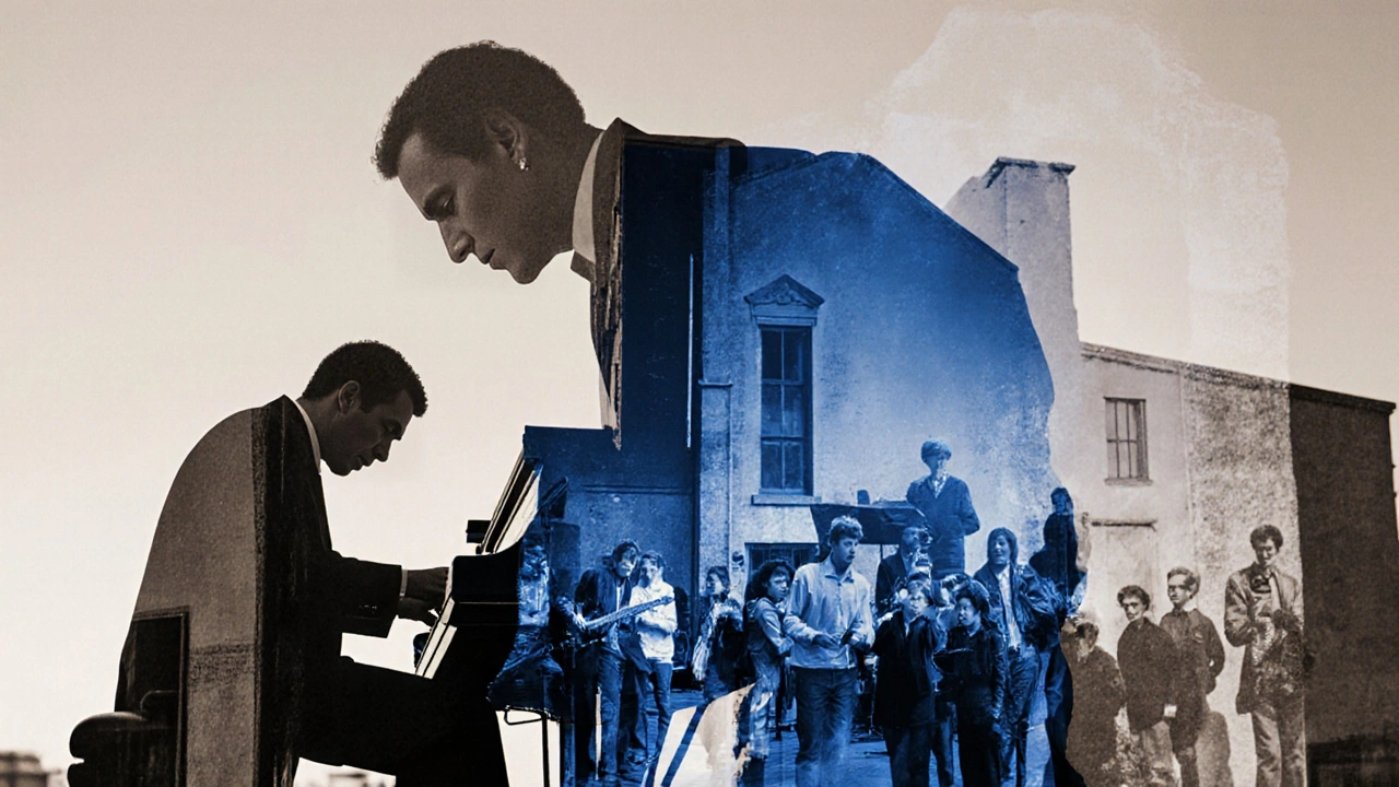 Een conceptuele foto waarin een jazzpianist fuseren met de architectuur van de oude melkfabriek en silhouetten van bezoekers uit verschillende tijden.