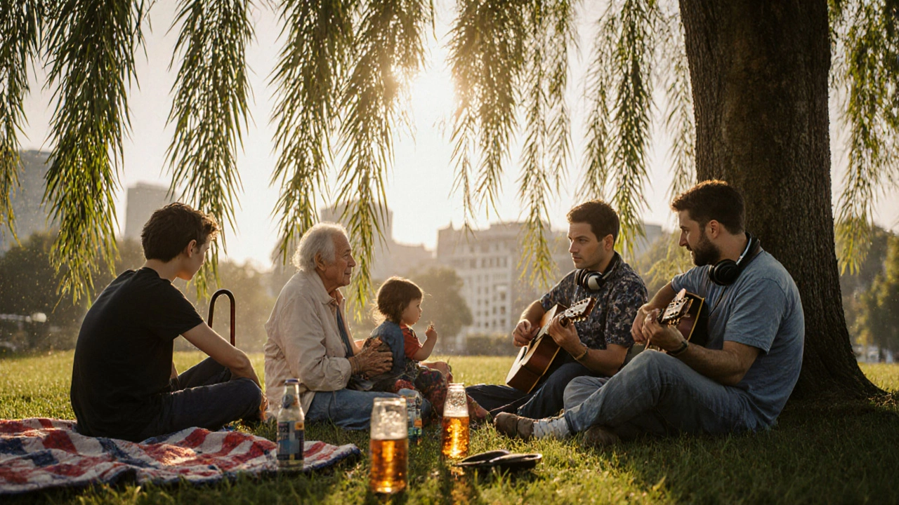 Een divers publiek luistert naar een folkzangeres in een Amsterdamse tuin, met kind, oude man en student samen in stilte.