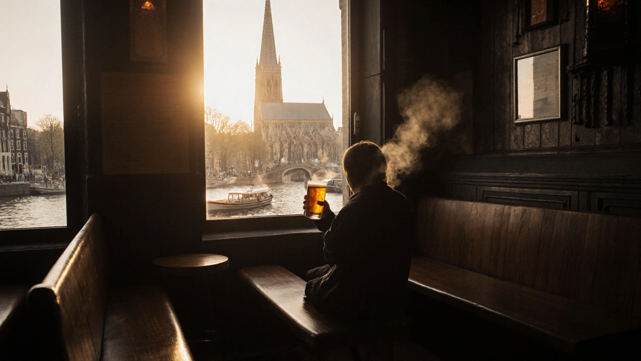 Een eenzame figuur bij de Oude Kerk met een glas bier in de ochtend, na een avondje uitgaan.