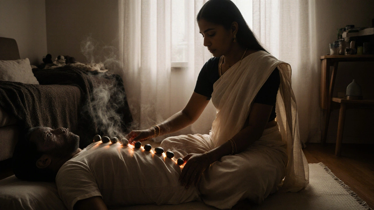 Een Indiase vrouw legt warme stenen op de rug van een man met tranen op zijn wangen.