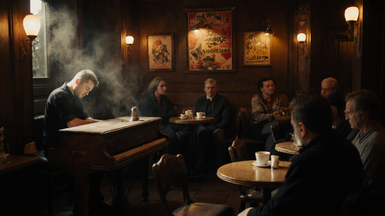 Een jazzpianist speelt in een gezellig café terwijl klanten stil luisteren, verlicht door warme lampen.