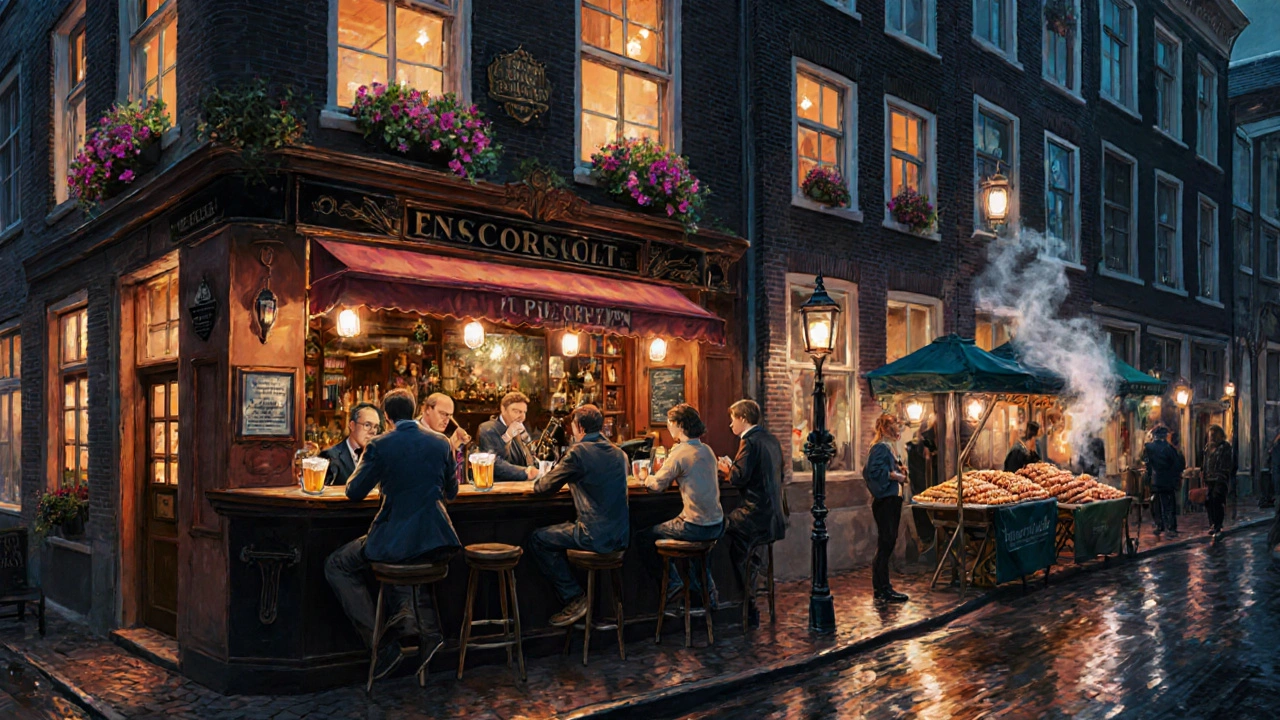 Een levendige pub in De Pijp met live muziek, bierglazen en stroopwafelverkopers in de avondlicht.