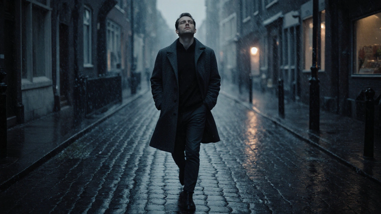 Een man loopt door de regenachtige straten van Amsterdam, lijkt lichter en meer aanwezig na een massage.