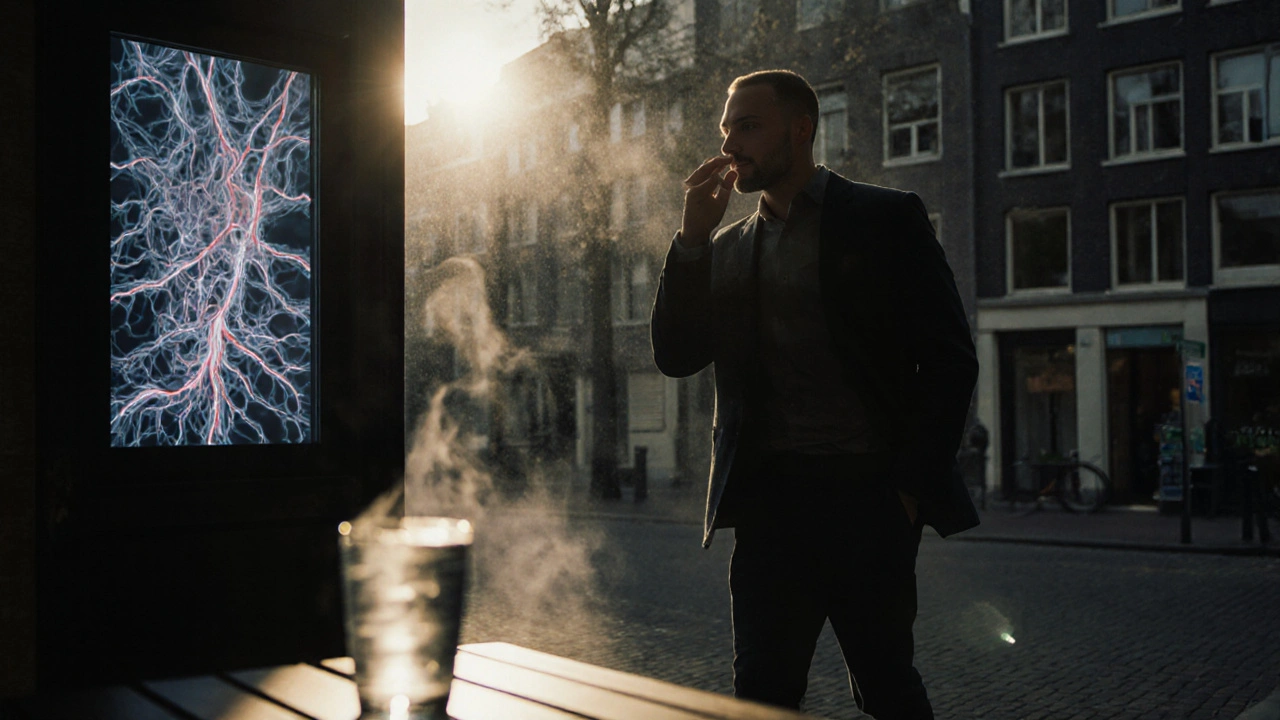 Een man loopt uit een kliniek in Amsterdam, zijn gezicht lichter, met een glas water op de bank achter hem.