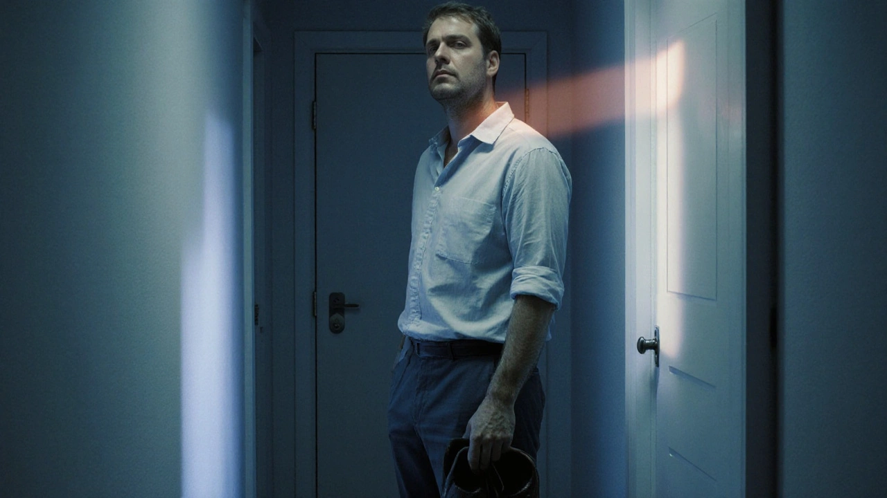 Een man staat in een hal, schoenen in hand, na een massage — rust in zijn ogen, geen glimlach, maar vrede.