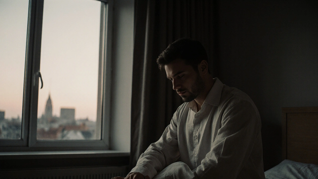 Een man wordt zacht aangeraakt bij de lies, met een uitdrukking van vrede en loslating.