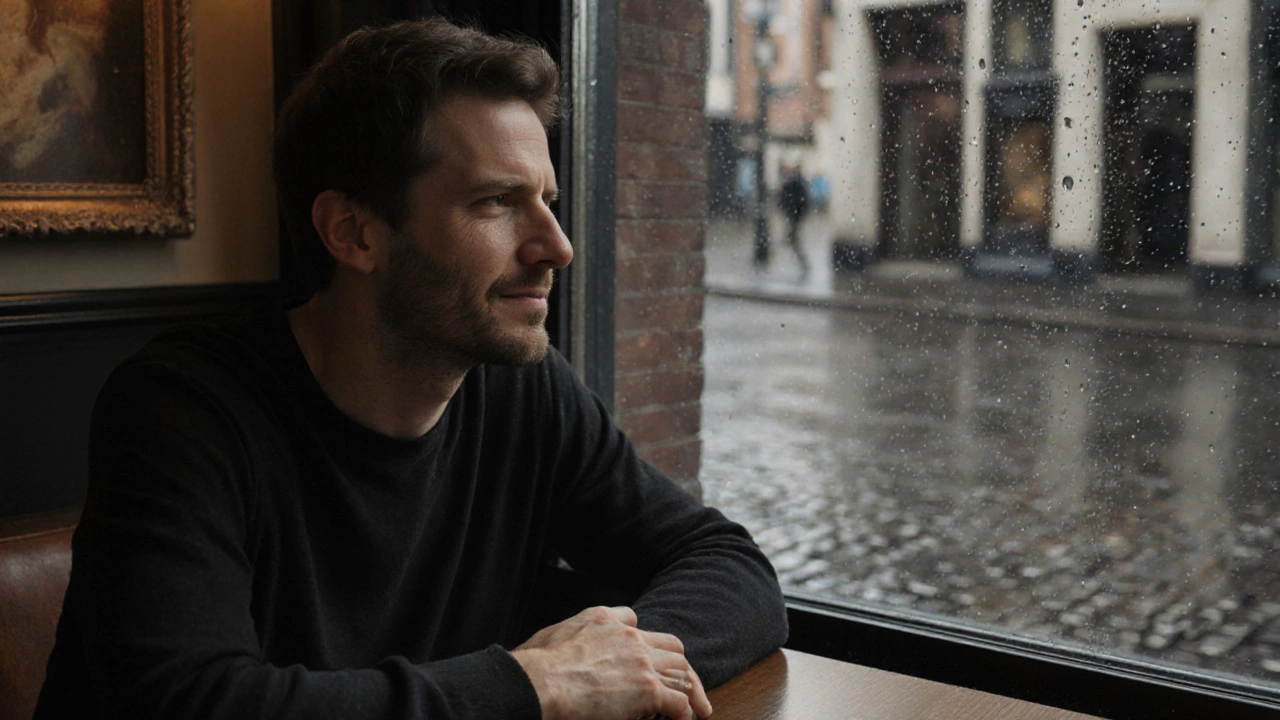 Een man zit alleen in een café, met tranen op zijn wangen en een zachte glimlach, na een diep emotioneel tantra-sessie, terwijl regen buiten valt.