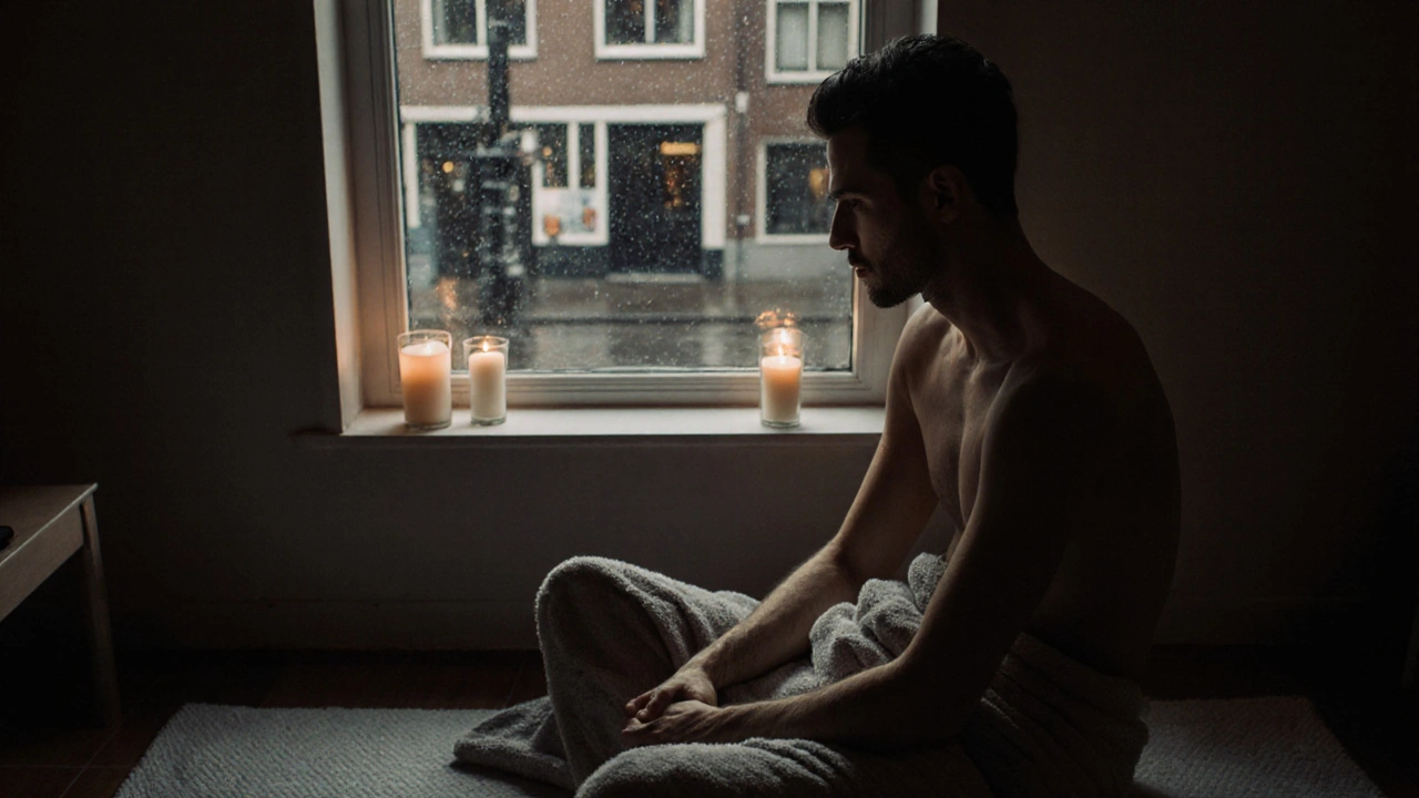 Een man zit alleen na de massage, met een handdoek om zich heen, tranen op zijn wangen, terwijl hij uit het raam kijkt.